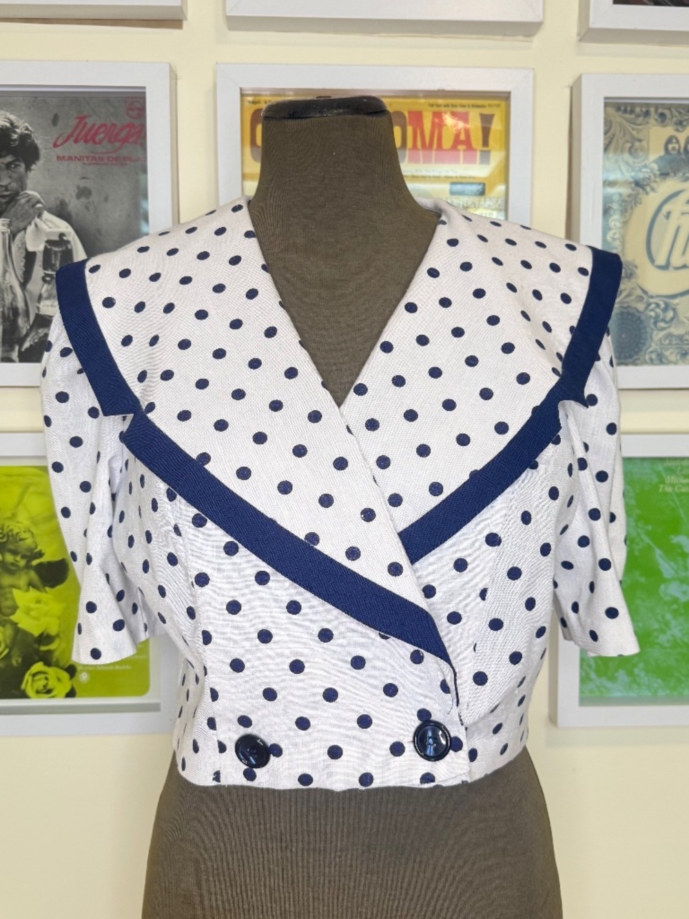 Vintage 80s White & Navy Polka Dot Cropped Sailor Blouse ⚓️🤍